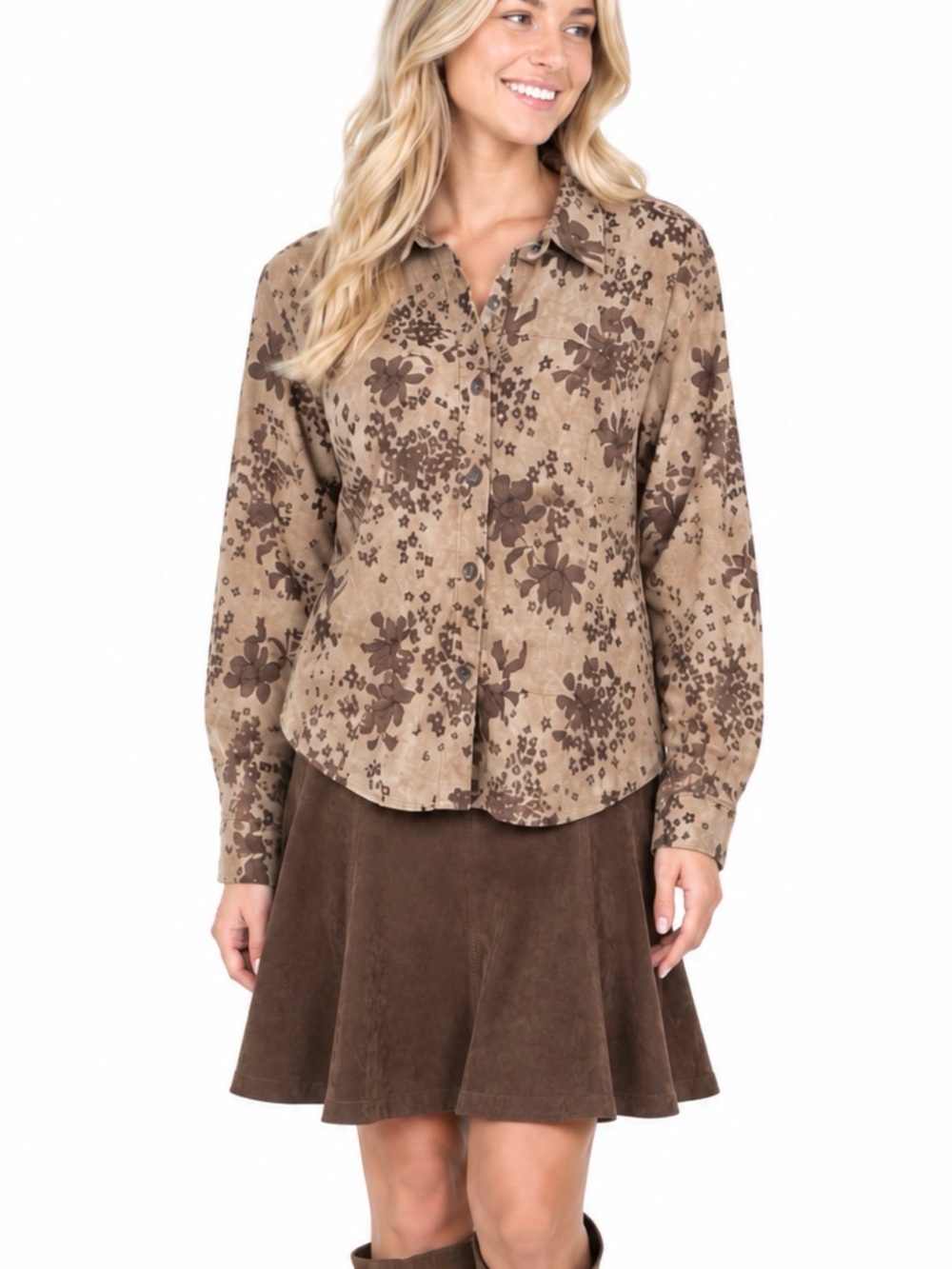 Washable Suede Floral Button Up Shirt Jacket Boho 90s Y2K Western Cottage Core L